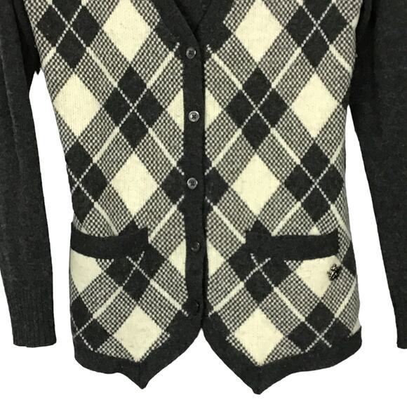 VINTAGE VTG Teenie Weenie Gold Bear Wool Argyle Grey Cream Cardigan Sweater S - Picture 3 of 6